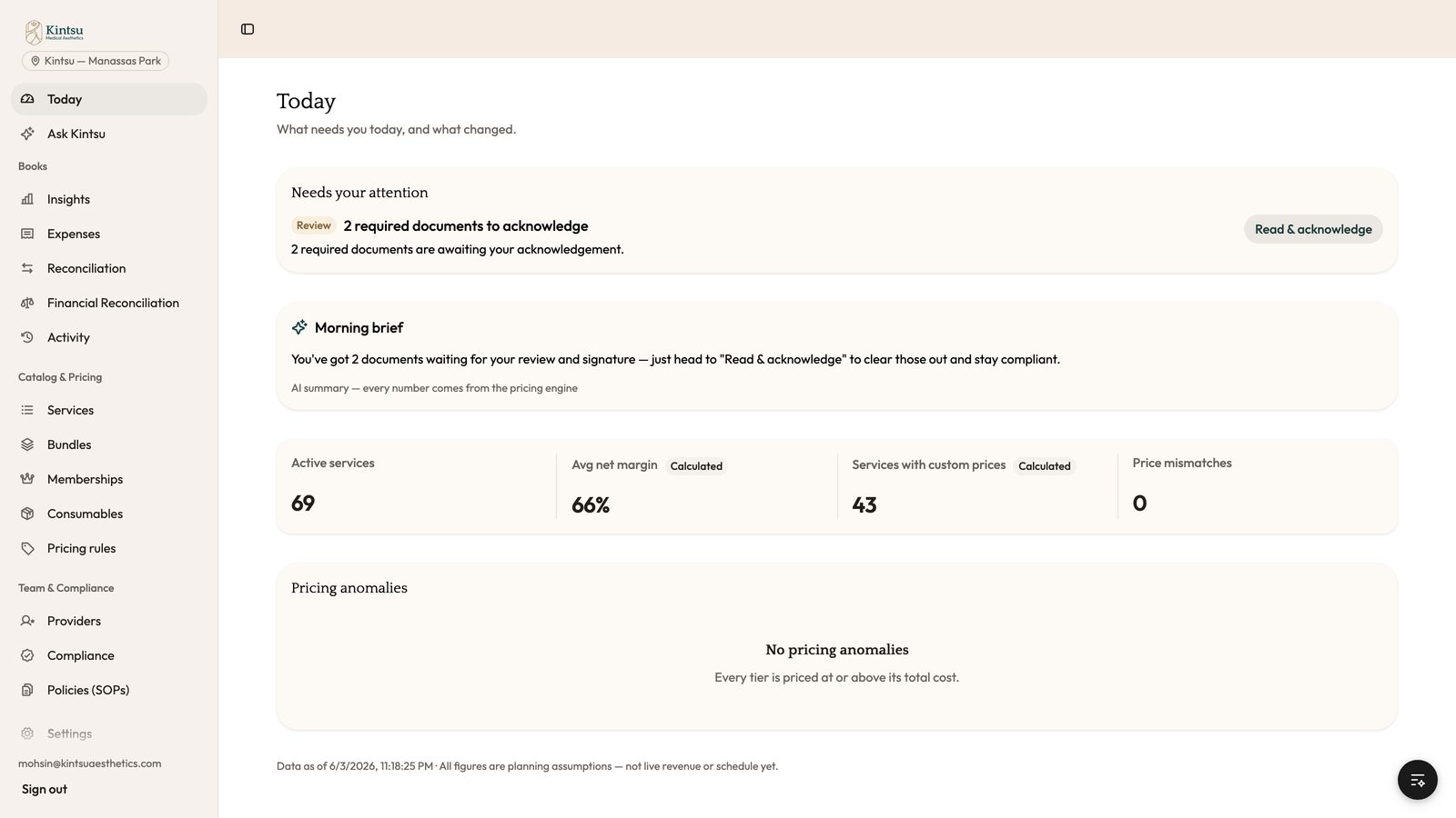 The Kintsu Portal Today cockpit: a Needs your attention panel flagging two required documents to acknowledge, an AI Morning brief summarizing the day, KPI cards reading 69 active services, 66 percent average net margin, 43 services with custom prices, and 0 price mismatches, and a Pricing anomalies panel below